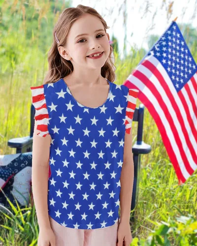 Vista 3 de Girls 4th of July Tee USA Red White and Blue Shirt Toddler Girl American Flag Patriotic Outfit 2-7 Years