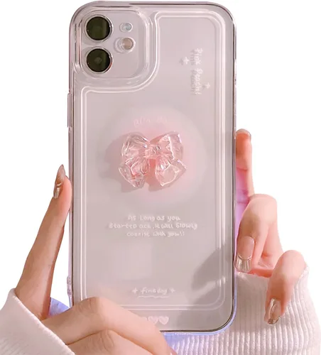 Vista 12 de Ownest - Funda compatible para iPhone 12, diseño bonito de lazo de arco 3D en rosa, delgada, transparente, diseño estético, para mujeres y lazo rosa