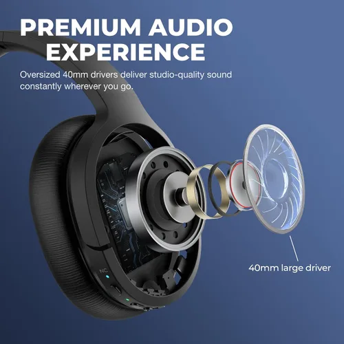 Vista 5 de MOVSSOU Auriculares híbridos con cancelación activa de ruido, auriculares Bluetooth inalámbricos sobre la oreja con micrófono, graves profundos