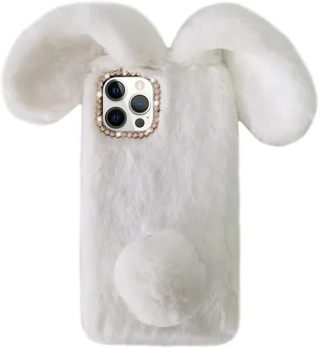Vista 7 de Compatible con iPhone 13 Pro Max - Funda de conejo para niñas, de piel de lujo, cálida, hecha a mano, peluda, mullida, suave, 3D, oreja, pelo