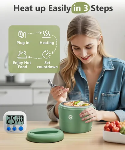 Vista 2 de Esemoil Lonchera eléctrica para adultos, lonchera con calefacción más rápida de 80W, lonchera portátil con calentador de alimentos de 12V/24V/110V
