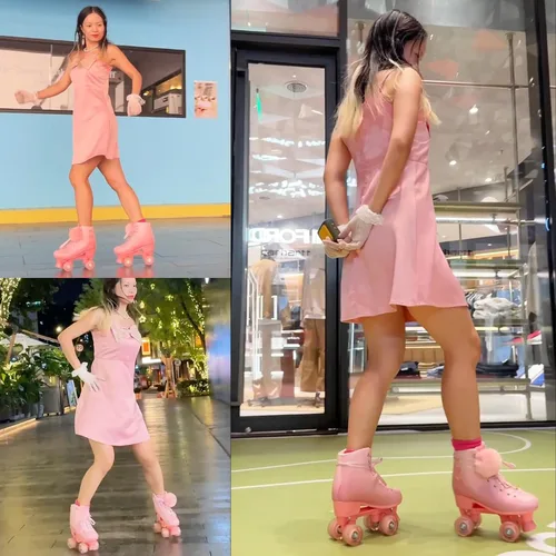 Vista 2 de Patines de ruedas para mujer, patines de piel sintética de alta calidad, cuatro ruedas rosadas brillantes de doble fila, patines cuádruples