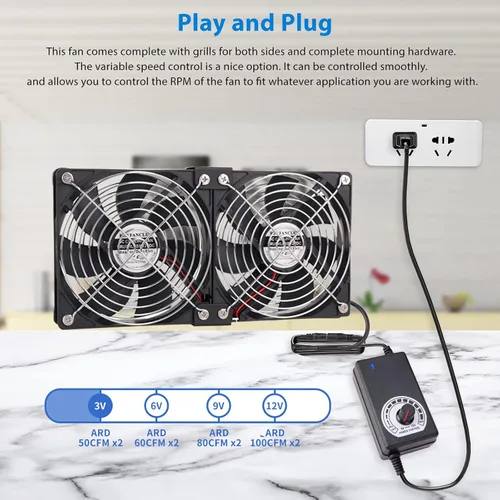 Vista 2 de Ventiladores de computadora dobles de 4.724 in de alto CFM con enchufe de CA, ventilador de velocidad variable de 110 V - 240 V, refrigeración