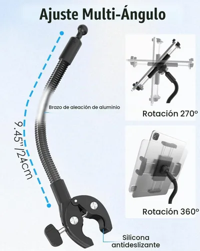 Vista 3 de Soporte para tablet para brazo de silla de ruedas [versión profesional] brazo largo cuello de cisne eléctrico silla de ruedas abrazadera de montaje