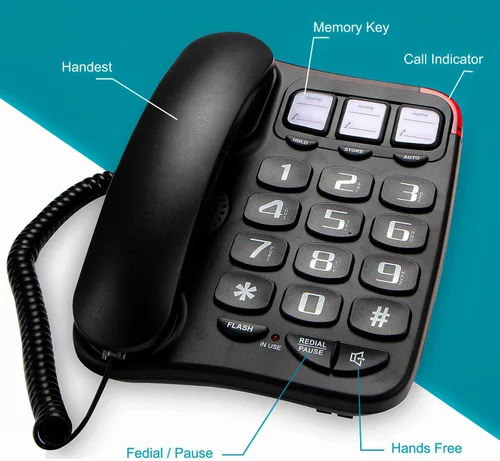 Vista 9 de Teléfono grande con cable de botón para personas mayores, marcación rápida de fotos, control de volumen, altavoz, cable extralargo, alerta de flash