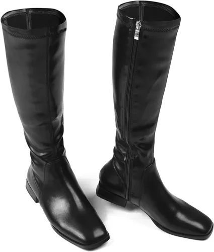 Vista 11 de GENSHUO Botas altas hasta la rodilla para mujer, cómodas botas de tacón plano vintage con punta cuadrada para otoño e invierno, con cremallera