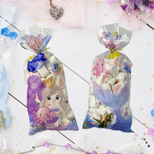 Vista 3 de 50 bolsas de celofán para dulces de sirena, bolsas transparentes para celofán, bolsas de dulces de galletas con lazos giratorios para cumpleaños