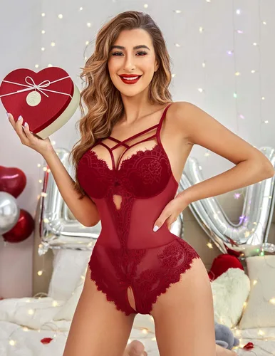 Vista 5 de Avidlove Body de lencería con arnés de encaje floral para mujer, camisón de una pieza