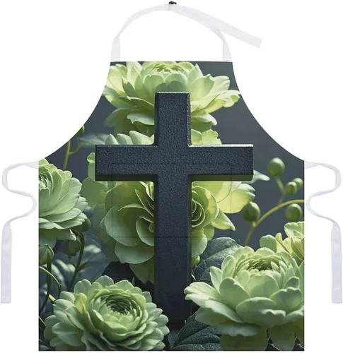 Vista 7 de MUSM Apron for Adults - 27.6 X 31.5 Inch, Heavy-Duty Polyester Aprons with Two Large Pockets, Waterproof Black Cross Among Green Flowers Kitchen