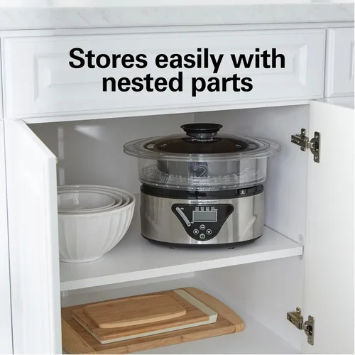 Vista 6 de Hamilton Beach - Vaporizador de alimentos eléctrico digital y arrocera para cocina rápida y saludable de verduras y mariscos, tazones apilables