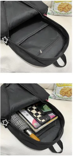 Vista 8 de Linda mochila Y2K de uso diario, estilo kawaii estético, Harajuku, duradera, bolsa de hombro, mochila de viaje para senderismo, Negro -, Mochilas