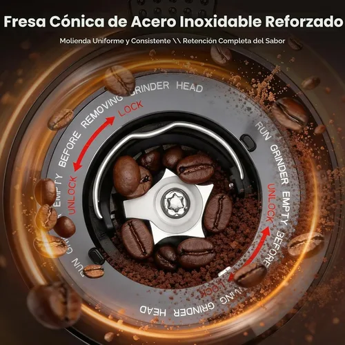 Vista 5 de Molinillo de café cónico, 51 ajustes precisos de molienda automática, pantalla LED inteligente de doble control, 1-12 tazas, con soporte