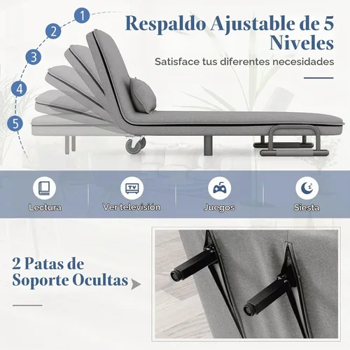 Vista 6 de GIANTEX - Sofá cama convertible 3 en 1 con respaldo ajustable de 5 posiciones, ruedas, 2 patas, tumbona reclinable con almohada, sillones