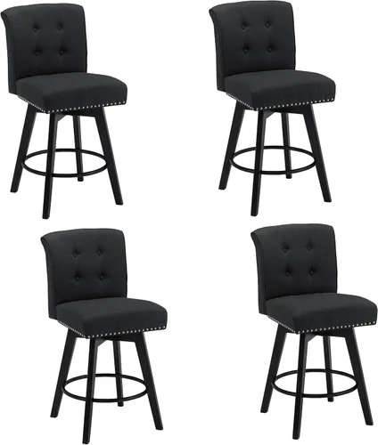 Vista 13 de Juego de 2 taburetes de bar giratorios de 360° con botón acolchonados, taburetes de bar tapizados de 26 pulgadas con patas de madera maciza