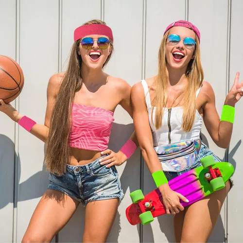 Vista 6 de Frienda 3 juegos de calentadores de piernas de neón de los años 80 para mujer, muñequeras holográficas neón de los años 80, accesorios deportivos