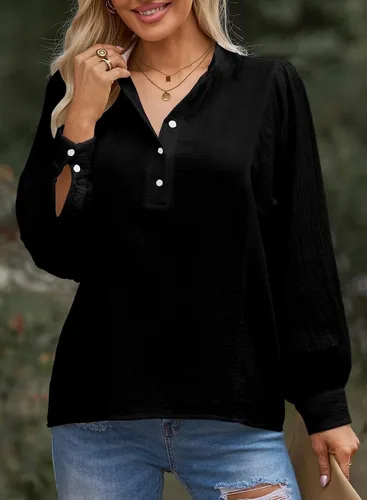 Vista 3 de Astylish Camisas para mujer con manga de farol, blusas básicas con textura plisada con medio botón