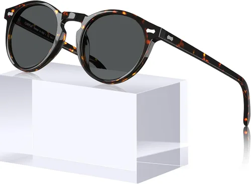 Vista 57 de CARFIA Gafas de sol polarizadas de acetato redondo para mujer, protección UV de cara pequeña con funda de cuero CA5288