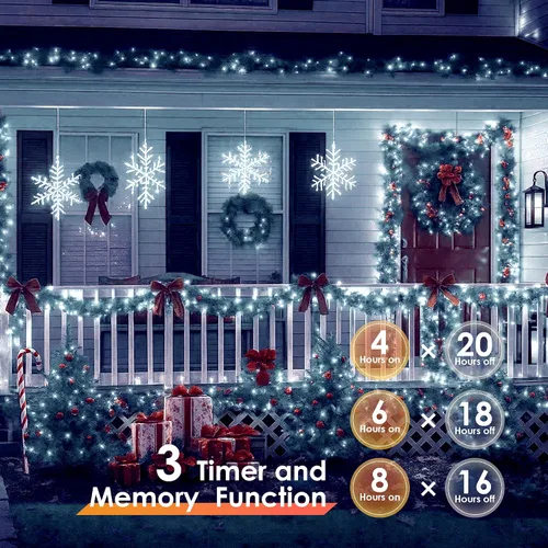 Vista 5 de Luces de Navidad 600 LED de 196 pies, IP67 impermeables, luces para árbol de Navidad con 8 modos, tira de luces para exteriores con temporizadores