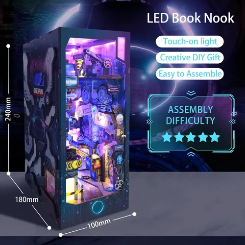 Vista 4 de Cyberpunk - Kit de rincón de libro con luz LED, rompecabezas de madera 3D para decoración de estantes de libros, kit de casa de muñecas