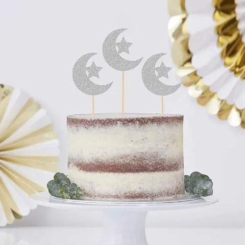 Vista 7 de 24 piezas de decoración de cupcakes con purpurina de luna y estrella Eid Mubarak, decoración de pasteles para bodas, cumpleaños, baby shower