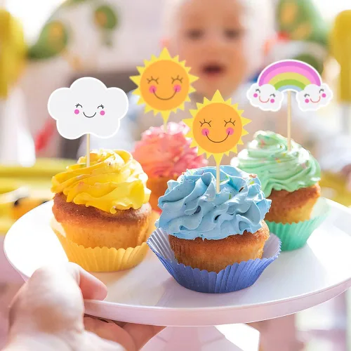 Vista 7 de Decoración para cupcakes con temática de sol y arco iris, 36 piezas de decoración de pastel temático de sol sonriente para cumpleaños, baby shower