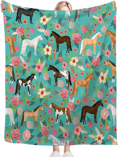 Vista 5 de Manta con estampado de caballos, con patrón de caballos y flores, para niñas, niños y adultos, súper cálida, suave y acogedora, manta de franela