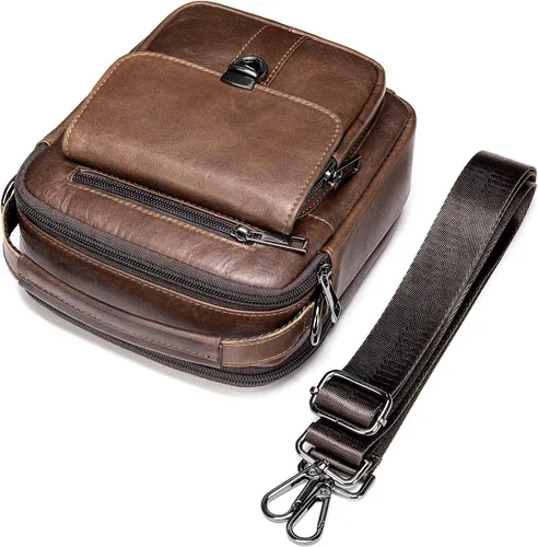 Vista 4 de Monederos y bolsos para hombre, pequeño, mini bolso de hombro de cuero genuino para hombres con muchos bolsillos con cremallera