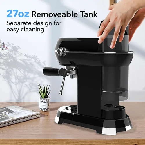 Vista 4 de HBN Máquina Compacta de Espresso de 20 Bar con Espumador de Leche, Tanque de Agua Extraíble de 27oz para Espacios Pequeños, Cafetera Casera