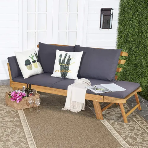 Vista 2 de Tangkula Sofá Cama Convertible de Madera de Acacia para Patio con Reposabrazos Ajustable, Sofá Cama de Exterior con Cojín y Almohadas, Banco Sofá