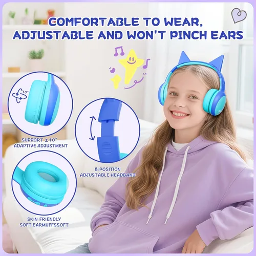 Vista 3 de Auriculares Bluetooth para Niños, Auriculares Over-Ear para Niños Pequeños con Micrófono, Volumen Limitado 85dB/94dB, 68H de Reproducción, Bluetooth