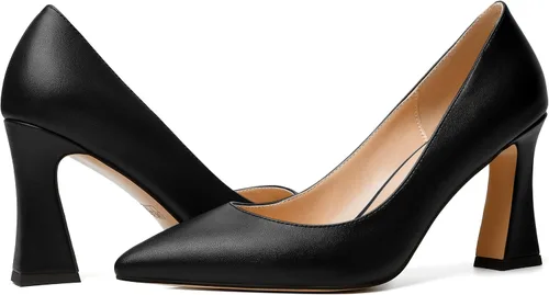 Vista 6 de MERRORI Zapatos de tacón alto y grueso para mujer, sin cordones, punta cerrada, punta puntiaguda, tacón mate, zapatos de tacón de 3.3 pulgadas