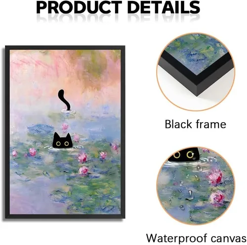 Vista 3 de Arte de pared divertido enmarcado de gato Monet Waterlily Cat Poster para habitación decoración estética, lindas imágenes de gato negro, impresiones