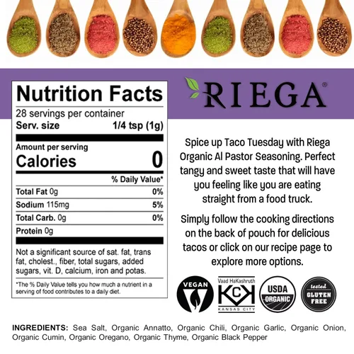 Vista 2 de Riega Street Taco Seasoning, mezcla de especias mexicanas orgánicas para cocinar comidas auténticas, Al Pastor, paquetes de 1 oz, 8