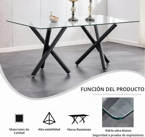 Vista 7 de Ebullient - Mesa de comedor de cristal de 71 pulgadas, moderna mesa rectangular de cocina para 8, mesa de vidrio transparente y patas de metal