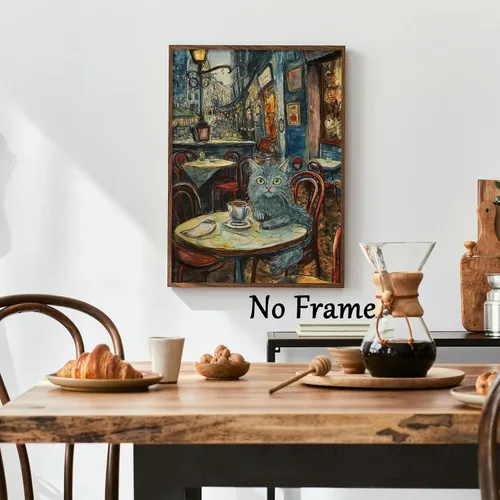 Vista 7 de Lienzo abstracto de gato para pared, impresiones de animales vintage, imágenes divertidas de gatos, animales bebiendo café, arte de pared de gatos