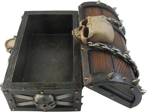 Vista 3 de DWK Cofre del tesoro del terror con calaveras y cadenas, caja de baratijas de cofre de pirata de 6 pulgadas.