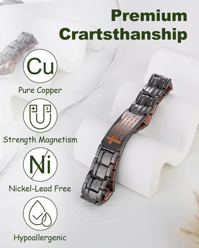 Vista 2 de MagEnergy Pulsera de cobre para hombre, pulsera magnética cristiana con imanes ultra fuertes, diseño de cruz bíblica ajustable, regalo de joyería