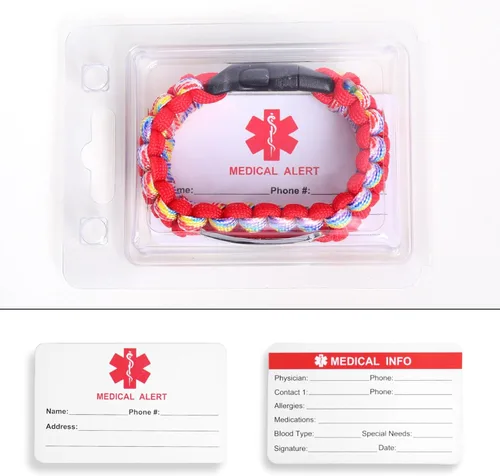 Vista 39 de Pulsera de alerta médica Paracord para hombres y mujeres Pulsera de identificación médica de acero inoxidable con hebillas de liberación lateral
