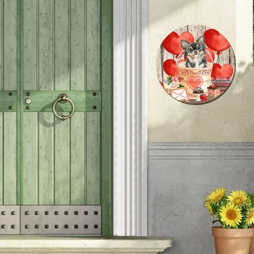 Vista 5 de Placa redonda de metal para el día de San Valentín, rosas y globos de corazón de amor, letrero clásico de corona para el hogar, impresiones