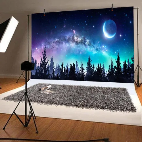 Vista 4 de AOFOTO Telón de fondo de bosque de cielo nocturno de 5 x 3 pies, universo, nebulosa, galaxia, cielo estrellado, fondo para fotos, luces coloridas