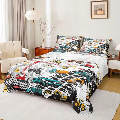Vista 8 de Erosebridal Juego de sábanas de automóvil de dibujos animados para niños, juego de ropa de cama de camiones, tamaño individual, sábana bajera