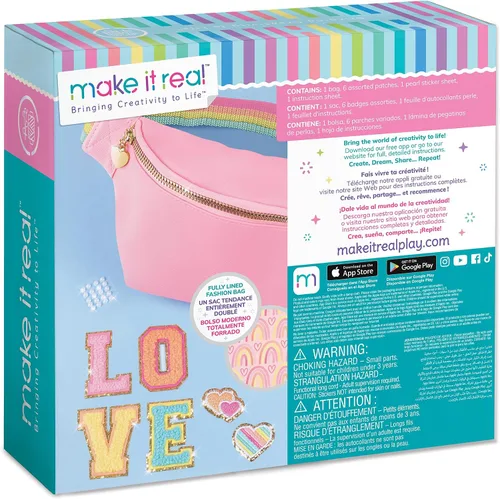 Vista 2 de Make It Real Bolsa de moda con parches, 9 piezas, bolsa rosa con cremallera con banda de arcoíris, personalizable, parches de amor, adolescentes