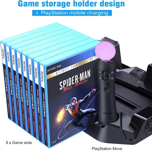 Vista 6 de Soporte para PS5 con 2 estaciones de refrigeración y estación de carga de doble controlador para consola PS5, edición digitaldisco, accesorios