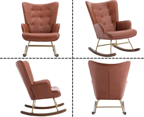 Vista 4 de Sillón mecedor de piel sintética, silla moderna de lectura para sala de estar, dormitorio, oficina, espacios pequeños, color marrón