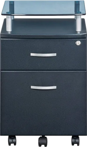Vista 6 de Archivador rodante de 2 cajones con cerradura y parte superior de cristal, archivador debajo del escritorio con ruedas, soporte para impresora