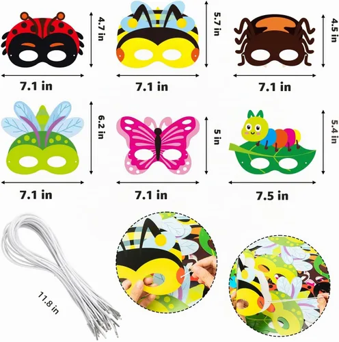 Vista 3 de CY2SIDE 30 máscaras de papel y elásticas de insectos de primavera para niños, temática de insectos de primavera, accesorios de fiesta, suministros