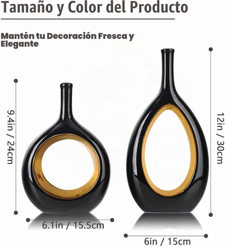 Vista 2 de Juego de 2 jarrones de cerámica de oro negro, moderno círculo hueco con agujero para decoración del hogar, centros de mesa, granja, chimenea, sala