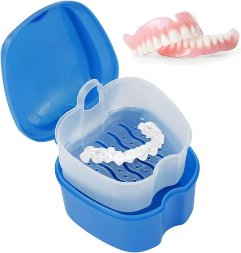 Vista 4 de Estuche de dentadura para dentadura postiza, caja de almacenamiento de dientes falsos con cesta de enjuague, caja de almacenamiento portátil
