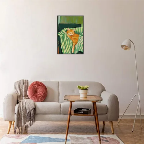 Vista 3 de Divertido póster de gato dormido vintage en el sofá, arte de pared de animales durmiendo, arte de pared contemporáneo de gato verde esmeralda