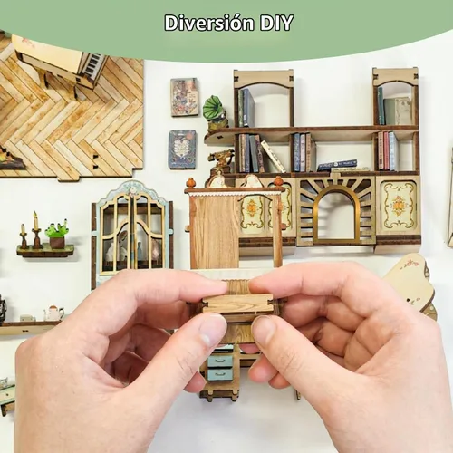 Vista 3 de Kit de bricolaje para rincón de libros, inserto de estantería para casa de muñecas, rompecabezas de madera 3D con cubierta antipolvo LED, kit